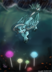 Size: 900x1248 | Tagged: safe, artist:cheesybite, oc, oc only, pegasus, pony, blue eyes, bubble, coral, crepuscular rays, eyelashes, feather, female, flowing mane, glowing, ocean, one eye closed, rain, sky, solo, swimming, teeth, underwater, unshorn fetlocks, water, wings