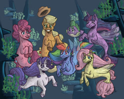 Size: 1280x1024 | Tagged: safe, artist:majozajo, applejack, fluttershy, pinkie pie, rainbow dash, rarity, spike, twilight sparkle, alicorn, earth pony, fish, pegasus, pony, puffer fish, seapony (g4), unicorn, g4, my little pony: the movie, applejack's hat, cowboy hat, dorsal fin, eyelashes, female, fin wings, fish tail, flowing mane, flowing tail, hat, horn, mane seven, mane six, no pupils, ocean, open mouth, seaponified, seapony applejack, seapony fluttershy, seapony pinkie pie, seapony rainbow dash, seapony rarity, seapony twilight, seaweed, smiling, species swap, spike the pufferfish, tail, twilight sparkle (alicorn), underwater, unshorn fetlocks, water