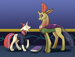 Size: 1000x769 | Tagged: safe, artist:foxenawolf, moondancer, thorax, changedling, changeling, pony, unicorn, fanfic:off the mark, g4, book, clothes, duo, female, king thorax, male, mare, open mouth, sweater