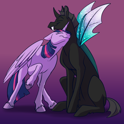 Size: 1000x1000 | Tagged: safe, artist:foxenawolf, thorax, twilight sparkle, alicorn, changeling, pony, fanfic:off the mark, g4, colored wings, cute, duo, eyes closed, female, gradient background, gradient wings, holeless, horn, male, nuzzling, shipping, sparkly wings, straight, thorabetes, twiabetes, twilight sparkle (alicorn), twirax, unshorn fetlocks, wings
