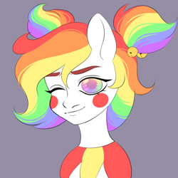 Size: 2000x2000 | Tagged: safe, alternate version, artist:dollinna, derpibooru exclusive, oc, oc only, oc:giggle grin, earth pony, pony, clown, face paint, female, gray background, high res, mare, multicolored hair, one eye closed, rainbow hair, simple background, solo, wink