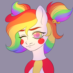 Size: 2000x2000 | Tagged: safe, alternate version, artist:dollinna, derpibooru exclusive, oc, oc only, oc:giggle grin, earth pony, pony, clown, face paint, female, gray background, high res, mare, multicolored hair, one eye closed, rainbow hair, simple background, solo, wink