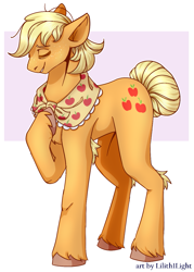 Size: 967x1354 | Tagged: safe, artist:lilith1light, applejack, earth pony, pony, g4, alternate hairstyle, cute, eyes closed, female, jackabetes, mare, older, older applejack, raised hoof, solo, unshorn fetlocks