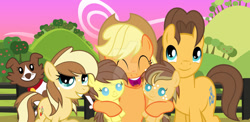 Size: 1024x501 | Tagged: safe, artist:velveagicsentryyt, applejack, caramel, winona, oc, oc:apple flower, oc:apple pie, oc:appleseed, dog, pony, g4, baby, baby pony, female, filly, male, offspring, parent:applejack, parent:caramel, parents:carajack, ship:carajack, shipping, straight, uvula