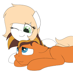 Size: 1700x1700 | Tagged: safe, artist:ponynamedmixtape, oc, oc only, oc:mixtape, oc:stumm, earth pony, pony, adopted offspring, comforting, duo, female, lying down, male, mother and child, mother and son, simple background, snuggling, transparent background