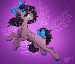 Size: 3500x3000 | Tagged: safe, artist:jsunlight, oc, oc only, earth pony, pony, blue eyes, blue hooves, bow, cheek fluff, chest fluff, colored hooves, ear fluff, female, fetlock tuft, floral print, flower, flower in hair, fluffy, gradient background, hair bow, high res, hock fluff, hooves, looking at you, mare, smiling, smiling at you, solo, tail, tail bow