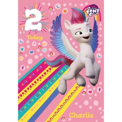 Size: 1500x1500 | Tagged: safe, zipp storm, pegasus, pony, g5, official, 2, abstract background, birthday card, card, female, mare, merchandise, my little pony logo, solo, text