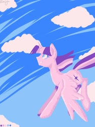 Size: 600x800 | Tagged: safe, artist:maeveadair, twilight sparkle, alicorn, pony, g4, cloud, flying, limited palette, no pupils, sky background, smiling, solo, twilight sparkle (alicorn)