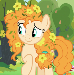 Size: 877x893 | Tagged: safe, screencap, pear butter, earth pony, pony, g4, the perfect pear, cropped, cute, female, flower, flower in hair, flowers everywhere, mare, messy mane, pearabetes, raised hoof