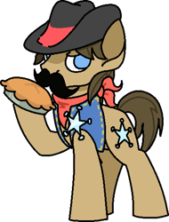 Size: 1191x1563 | Tagged: safe, artist:skookz, sheriff silverstar, earth pony, pony, g4, badge, bandana, clothes, facial hair, food, hat, male, moustache, pie, serious, simple background, solo, stallion, transparent background, vest