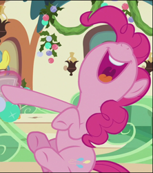 Size: 642x724 | Tagged: safe, screencap, lemon hearts, pinkie pie, earth pony, pony, unicorn, g4, hearthbreakers, season 5, cropped, cute, diapinkes, glowing horn, horn, laughing, magic, magic aura, mawshot, newspaper, nose in the air, open mouth, sitting, solo focus, train, uvula, volumetric mouth