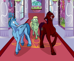 Size: 1000x818 | Tagged: safe, artist:foxenawolf, oc, oc:crimson boulder, oc:mark wells, oc:steady flight, earth pony, pegasus, pony, fanfic:off the mark, blonde hair, canterlot castle, carpet, earth pony oc, eyeroll, eyes closed, fanfic art, feathered wings, laughing, open mouth, pegasus oc, pillar, stained glass, talking, wings