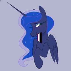 Size: 2048x2048 | Tagged: safe, artist:ethereanunicorn, princess luna, alicorn, pony, g4, asexual pride flag, blue background, bust, female, headcanon, high res, looking sideways, mare, mouth hold, pride, pride flag, sexuality headcanon, simple background, smiling, solo