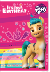 Size: 553x800 | Tagged: safe, hitch trailblazer, earth pony, pony, g5, official, abstract background, birthday card, card, male, merchandise, my little pony logo, solo, stallion, template, text