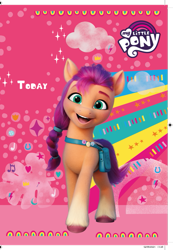 Size: 553x800 | Tagged: safe, sunny starscout, earth pony, pony, g5, official, abstract background, birthday card, card, female, mare, merchandise, my little pony logo, solo, template, text