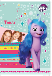Size: 553x800 | Tagged: safe, izzy moonbow, human, pony, unicorn, g5, official, abstract background, birthday card, card, female, irl, irl human, mare, merchandise, my little pony logo, photo, template, text