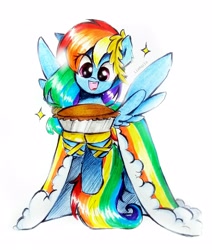 Size: 2404x2836 | Tagged: safe, artist:liaaqila, rainbow dash, pegasus, pony, season 1, the best night ever, apple, apple pie, clothes, cute, dashabetes, dress, eye clipping through hair, flying, food, gala dress, happy, high res, liaaqila is trying to murder us, liaaqila is trying to murder us with dashabetes, open mouth, open smile, pie, smiling, solo, sparkles, spread wings, wings