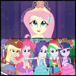 Size: 600x600 | Tagged: safe, edit, edited screencap, editor:flutteriaeth, screencap, applejack, fluttershy, pinkie pie, rainbow dash, rarity, twilight sparkle, equestria girls, g4, my little pony equestria girls, bare shoulders, belt, clothes, cowboy hat, crown, cute, cutie mark, cutie mark on clothes, element of kindness, fall formal outfits, female, hairpin, hat, humane five, humane six, jewelry, male, open mouth, regalia, shyabetes, sleeveless, smiling, strapless, twilight ball dress