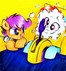 Size: 864x925 | Tagged: safe, artist:liaaqila, rainbow dash, scootaloo, pegasus, pony, g4, cute, cutealoo, dashabetes, duo, duo female, female, food, pie face, pie in the face, pied, simple background, table, traditional art, whipped cream, yellow background