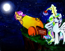 Size: 1008x792 | Tagged: safe, artist:liaaqila, princess celestia, scootaloo, alicorn, pegasus, pony, g4, cake, cannon, food, implied cake, implied cakelestia, implied theft, pony cannonball, red button, to the moon, traditional art