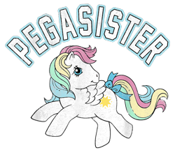 Size: 900x800 | Tagged: safe, starshine, pegasus, pony, g1, official, design, female, mare, merchandise, pegasister, shirt design, simple background, solo, text, transparent background