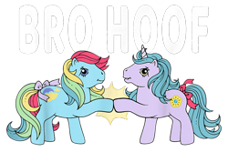 Size: 900x600 | Tagged: safe, princess sparkle, sunlight (g1), earth pony, pony, unicorn, g1, official, design, duo, female, hoofbump, mare, merchandise, shirt design, simple background, text, transparent background
