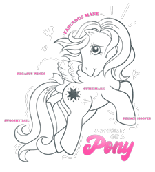 Size: 900x1000 | Tagged: safe, pegasus, pony, g1, official, anatomy chart, chart, design, diagram, female, mare, merchandise, outline, shirt design, simple background, solo, text, transparent background