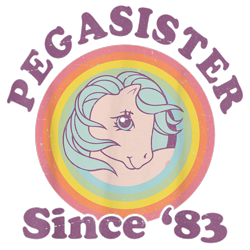 Size: 900x900 | Tagged: safe, firefly, pegasus, pony, g1, official, 1983, circle, design, female, mare, merchandise, pegasister, shirt design, simple background, solo, start of ponies, text, transparent background