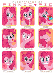 Size: 800x1050 | Tagged: safe, pinkie pie, earth pony, pony, g4, official, cherry, cute, design, excited, expressions, female, flustered, food, grin, happy, heart, ice cream, majestic, mare, merchandise, open mouth, open smile, self ponidox, shirt design, simple background, smiling, text, transparent background, wide smile