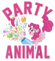 Size: 900x1000 | Tagged: safe, pinkie pie, earth pony, pony, g4, official, balloon, confetti, design, female, mare, merchandise, party cannon, party horn, shirt design, simple background, solo, text, transparent background