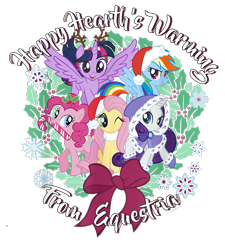 Size: 900x1000 | Tagged: safe, fluttershy, pinkie pie, rainbow dash, rarity, twilight sparkle, alicorn, earth pony, pegasus, pony, unicorn, g4, official, bow, candy, candy cane, christmas, clothes, coat, design, female, food, hasbro, hat, hearth's warming, holiday, holly, mare, merchandise, santa hat, shirt design, simple background, snow, snowflake, text, transparent background, twilight sparkle (alicorn)