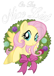 Size: 750x1050 | Tagged: safe, fluttershy, pegasus, pony, g4, official, bauble, bow, christmas ornament, christmas wreath, decoration, design, female, mare, merchandise, shirt design, simple background, solo, stars, text, transparent background, wreath