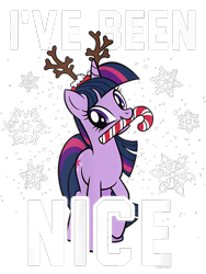 Size: 600x800 | Tagged: safe, twilight sparkle, pony, unicorn, g4, official, antlers, candy, candy cane, design, female, food, mare, merchandise, mouth hold, reindeer antlers, shirt design, simple background, solo, text, transparent background, unicorn twilight