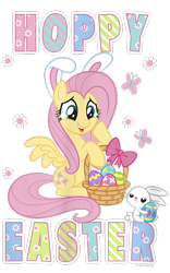 Size: 500x800 | Tagged: safe, angel bunny, fluttershy, butterfly, pegasus, pony, rabbit, g4, official, animal, basket, bow, bunny ears, design, duo, easter, easter egg, female, flower, holiday, male, mare, merchandise, shirt design, simple background, text, transparent background