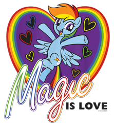 Size: 800x900 | Tagged: safe, rainbow dash, pegasus, pony, g4, official, design, female, flying, heart, mare, merchandise, pride flag, rainbow, shirt design, simple background, solo, text, transparent background