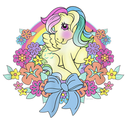 Size: 650x650 | Tagged: safe, skydancer, pegasus, pony, g1, official, blushing, bow, design, female, flower, mare, merchandise, shirt design, simple background, solo, text, transparent background, wreath