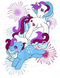 Size: 700x900 | Tagged: safe, blue belle, glory, earth pony, pony, unicorn, g1, official, 4th of july, blushing, design, duo, female, fireworks, holiday, mare, merchandise, shirt design, simple background, transparent background