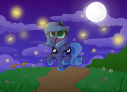 Size: 6800x4900 | Tagged: safe, artist:kittyrosie, princess luna, alicorn, firefly (insect), insect, pony, g4, blushing, crown, cute, female, hoof shoes, jewelry, lunabetes, open mouth, peytral, regalia, s1 luna, solo, sparkly eyes, wingding eyes