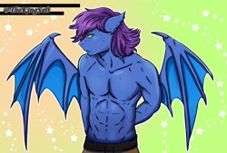 Size: 4000x2702 | Tagged: safe, alternate character, alternate version, artist:theking_salt, oc, oc only, oc:keygun, bat pony, anthro, abs, abstract background, anthro oc, bat pony oc, bat wings, belly button, clothes, ear fluff, fangs, floppy ears, gradient background, hands behind back, male, muscles, nudity, pants, partial nudity, pecs, solo, spread wings, topless, wings