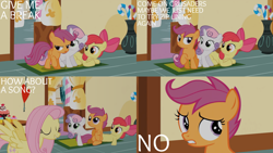 Size: 1280x720 | Tagged: safe, edit, edited screencap, editor:quoterific, screencap, apple bloom, fluttershy, scootaloo, sweetie belle, earth pony, pegasus, pony, unicorn, g4, season 1, the cutie mark chronicles, apple bloom's bow, bow, cutie mark crusaders, eyes closed, female, filly, hair bow, mare, open mouth, sugarcube corner