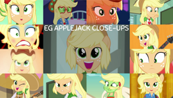 Size: 1280x721 | Tagged: safe, edit, edited screencap, editor:quoterific, screencap, applejack, a case for the bass, accountibilibuddies, constructive criticism, eqg summertime shorts, equestria girls, equestria girls series, five to nine, g4, make up shake up, my little pony equestria girls, my little pony equestria girls: friendship games, my little pony equestria girls: rainbow rocks, raise this roof, rollercoaster of friendship, spring breakdown, the finals countdown, spoiler:eqg series (season 2), accountibilibuddies: rainbow dash, applejack's hat, bass guitar, better than ever, close-up, clothes, constructive criticism: rainbow dash, cowboy hat, cute, cutie mark, cutie mark on clothes, female, geode of super strength, green face, hat, jackabetes, jewelry, magical geodes, musical instrument, necklace, open mouth, photo booth (song), ponied up, seasickness, sliding background, smiling, solo