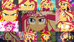 Size: 1280x721 | Tagged: safe, edit, edited screencap, editor:quoterific, screencap, fluttershy, sunset shimmer, equestria girls, equestria girls specials, g4, game stream, how to backstage, i'm on a yacht, my little pony equestria girls, my little pony equestria girls: better together, my little pony equestria girls: forgotten friendship, my little pony equestria girls: friendship games, my little pony equestria girls: rainbow rocks, my little pony equestria girls: summertime shorts, my little pony equestria girls: sunset's backstage pass, my past is not today, pet project, wake up!, wake up!: rainbow dash, angry, blushing, close-up, clothes, cute, cutie mark, cutie mark on clothes, eyes closed, female, gamer sunset, gamershy, headphones, open mouth, rageset shimmer, shimmerbetes, shrunken pupils, sleeping