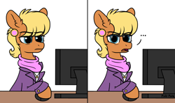 Size: 1400x827 | Tagged: safe, artist:pink-pone, ms. harshwhinny, earth pony, pony, g4, ..., computer, computer reaction faces, reaction image, solo