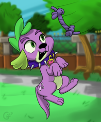 Size: 900x1080 | Tagged: safe, artist:genericmlp, spike, dog, equestria girls, g4, collar, fangs, jumping, male, open mouth, park, solo, spike the dog, toy, tree