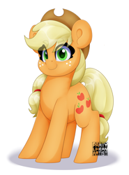 Size: 2962x4000 | Tagged: safe, artist:partypievt, applejack, earth pony, pony, g4, applebetes, applejack's hat, cowboy hat, cute, eye clipping through hair, eyebrows, eyebrows visible through hair, female, freckles, hat, high res, jackabetes, mare, obtrusive watermark, ponytail, simple background, smiling, smirk, solo, watermark, white background