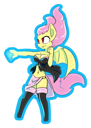 Size: 1175x1650 | Tagged: safe, artist:afkregen, fluttershy, bat pony, anthro, unguligrade anthro, g4, bat ponified, bat wings, belly button, breasts, busty fluttershy, clothes, digital art, dress, female, flutterbat, race swap, simple background, solo, spread wings, stockings, tail, thigh highs, thighs, transparent background, wings