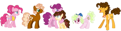 Size: 8444x2160 | Tagged: safe, artist:gallantserver, cheese sandwich, pinkie pie, oc, oc:cocoa puff, oc:jelly sandwich, oc:key lime pie, oc:puff pastry, pegasus, pony, g4, absurd resolution, female, filly, male, mare, offspring, parent:cheese sandwich, parent:pinkie pie, parents:cheesepie, ship:cheesepie, shipping, simple background, straight, transparent background