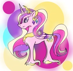 Size: 2960x2864 | Tagged: safe, artist:goldlines005, princess cadance, alicorn, pony, g4, abstract background, female, high res, hoof fluff, horn, jewelry, mare, peytral, redesign, smiling, solo, tiara, two toned wings, wings