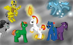 Size: 800x500 | Tagged: safe, artist:mdragonflame, oc, oc only, earth pony, pegasus, pony, unicorn, earth pony oc, flying, group, horn, pegasus oc, rearing, unicorn oc