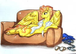 Size: 2048x1446 | Tagged: safe, artist:lupiarts, spitfire, pegasus, pony, clothes, couch, goggles, necktie, shirt, simple background, solo, traditional art
